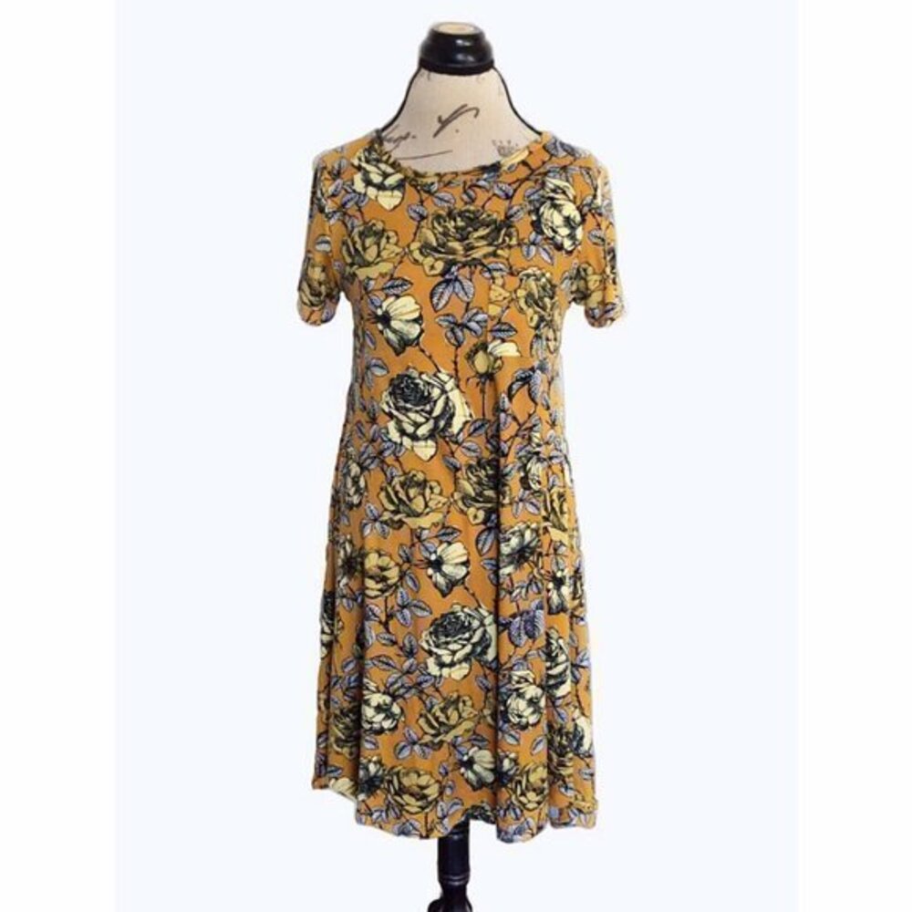 LuLaRoe Size XS Dress Women's Floral Fit & Flare Short Sleeve Yellow Black